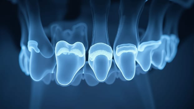 A stunning visual representation of teeth demonstrating advanced dental imaging, highlighting the intricate structures and glowing effects.