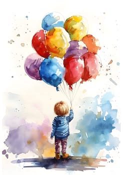 A vibrant watercolor painting featuring a happy toddler holding a bunch of colorful balloons. This art piece captures the joy and innocence of childhood