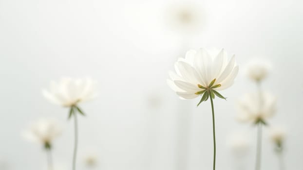 Two elegant white flowers with striking yellow centers gently sway against a soft, muted background, capturing a moment of serene beauty and simplicity in nature.