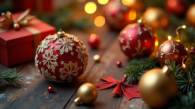 Beautifully wrapped presents in rich red and gold sit among twinkling lights and shimmering ornaments, embodying the essence of celebration and joy during the winter holiday season.