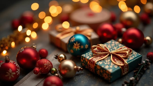 Beautifully wrapped presents in rich red and gold sit among twinkling lights and shimmering ornaments, embodying the essence of celebration and joy during the winter holiday season.