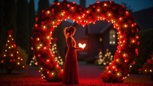 In a beautifully lit garden during dusk, a young woman reads a letter surrounded by glowing hearts and vibrant flowers, while another figure strolls behind, enjoying the atmosphere.
