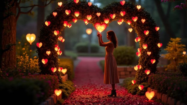 In a beautifully lit garden during dusk, a young woman reads a letter surrounded by glowing hearts and vibrant flowers, while another figure strolls behind, enjoying the atmosphere.