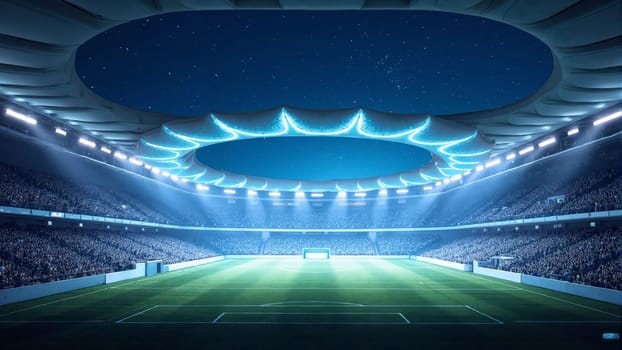 Under bright stadium lights, enthusiastic fans fill the stands, eagerly awaiting the start of a captivating soccer match. The beautifully maintained field is a sight to behold.
