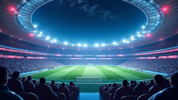 Under bright stadium lights, enthusiastic fans fill the stands, eagerly awaiting the start of a captivating soccer match. The beautifully maintained field is a sight to behold.