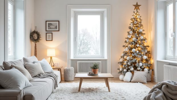In a serene winter living room, a crackling fireplace provides warmth, while a beautifully adorned Christmas tree adds festive charm. Plush seating invites relaxation and comfort.