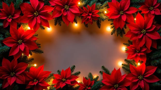 A beautiful arrangement showcases bright red poinsettias and soft green pine needles, illuminated by gentle lights. This festive display creates a warm and inviting atmosphere for the holiday season.