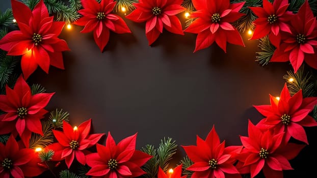 A beautiful arrangement showcases bright red poinsettias and soft green pine needles, illuminated by gentle lights. This festive display creates a warm and inviting atmosphere for the holiday season.