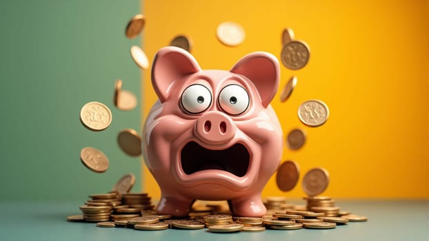 A cheerful piggy bank stands in front of a bright yellow background, coins swirling around it, creating a sense of excitement and fun, symbolizing savings and financial joy.