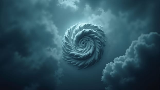 A captivating whirlpool of dark clouds spirals ominously against a backdrop of a stormy sky, creating a surreal and powerful atmosphere as the winds howl through the night.