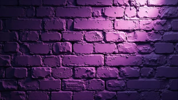 A textured brick wall painted in deep purple tones emanates a warm glow, enhancing the artistic mood of the surrounding area with subtle light highlighting its unique features.
