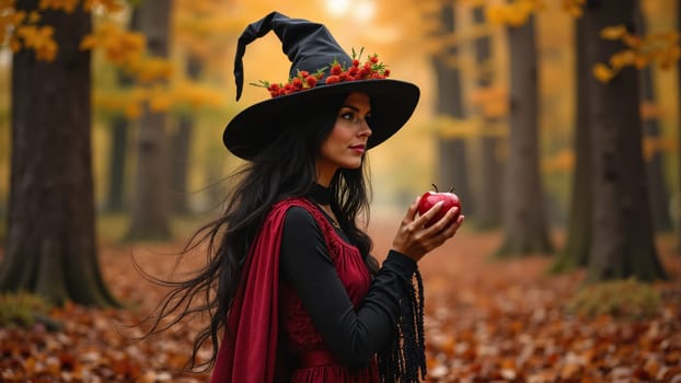 In the heart of a serene forest adorned with fall foliage, a mysterious figure in a witch's hat delicately cradles a bright red apple.