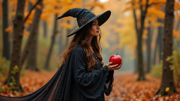 In the heart of a serene forest adorned with fall foliage, a mysterious figure in a witch's hat delicately cradles a bright red apple.
