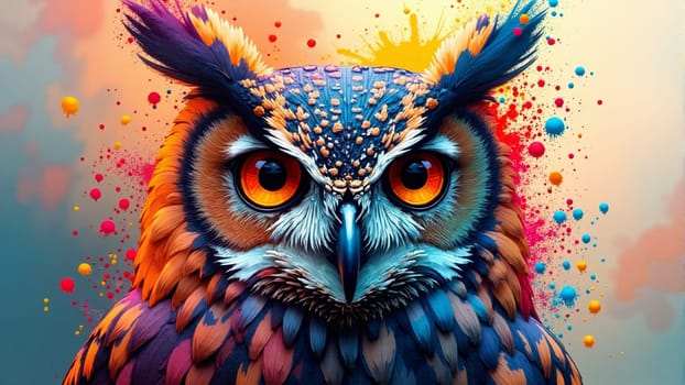 A stunning owl with striking orange eyes and a mix of vibrant feathers stands proudly, surrounded by a burst of colorful splashes that enhance its majestic presence and unique beauty.