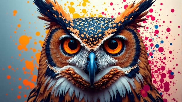 A stunning owl with striking orange eyes and a mix of vibrant feathers stands proudly, surrounded by a burst of colorful splashes that enhance its majestic presence and unique beauty.
