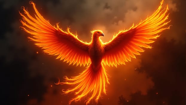 A magnificent phoenix spreads its fiery wings, soaring through a dark sky illuminated by vibrant flames, symbolizing resilience and regeneration, captivating all who gaze upon its beauty.