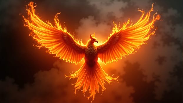 A magnificent phoenix spreads its fiery wings, soaring through a dark sky illuminated by vibrant flames, symbolizing resilience and regeneration, captivating all who gaze upon its beauty.