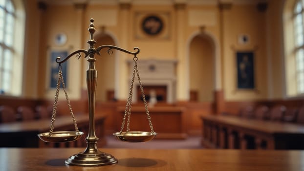 In a majestic courtroom filled with soft light, a polished brass scale stands prominently, representing the essence of justice and equality. The tranquil space evokes a sense of solemnity.