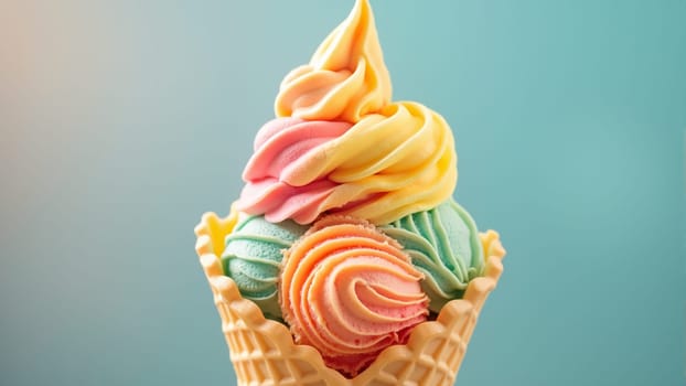 A delightful ice cream cone features five colorful scoops, stacked high with shades of pink, yellow, lavender, and mint, set against a soft pastel backdrop. Perfect for summer indulgence!