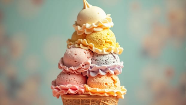 A delightful ice cream cone features five colorful scoops, stacked high with shades of pink, yellow, lavender, and mint, set against a soft pastel backdrop. Perfect for summer indulgence!