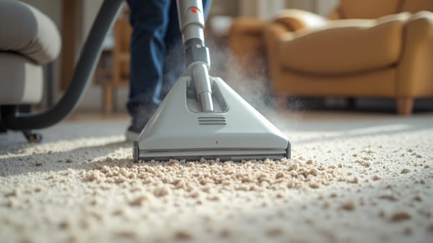 A person uses a steam vacuum to cleanse a light-colored carpet in a warm and inviting living room filled with natural light and greenery.
