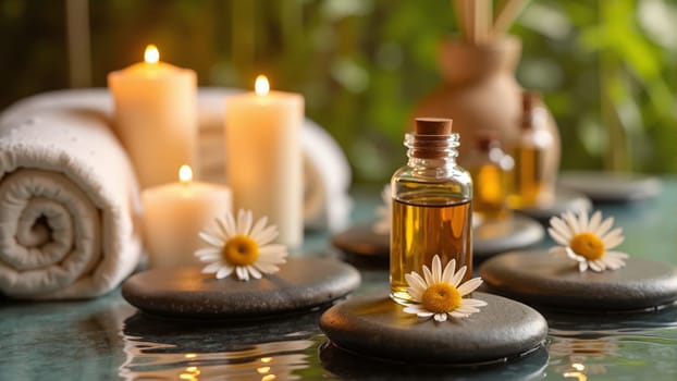 Surrounded by soothing candles, smooth stones, and fresh flowers, a bottle of fragrant essential oil invites a moment of peace and rejuvenation in a calming spa atmosphere.