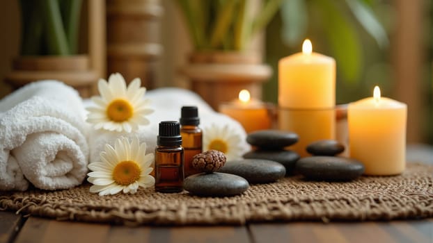 Surrounded by soothing candles, smooth stones, and fresh flowers, a bottle of fragrant essential oil invites a moment of peace and rejuvenation in a calming spa atmosphere.