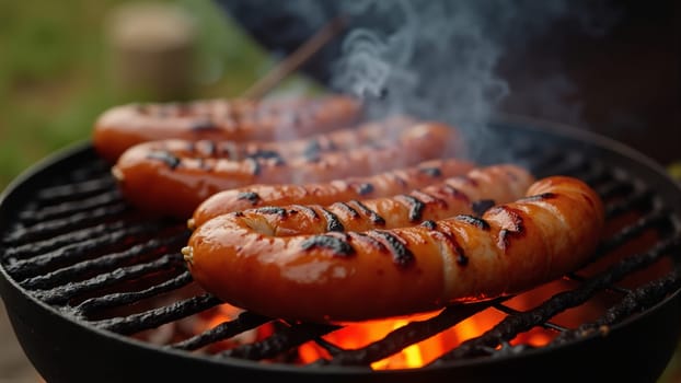 Succulent sausages sizzle and smoke as they cook over glowing embers, capturing the essence of summer barbecues and joyful gatherings with friends and family outdoors.