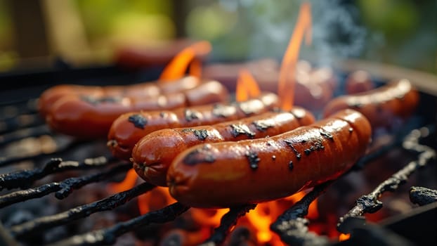 Succulent sausages sizzle and smoke as they cook over glowing embers, capturing the essence of summer barbecues and joyful gatherings with friends and family outdoors.