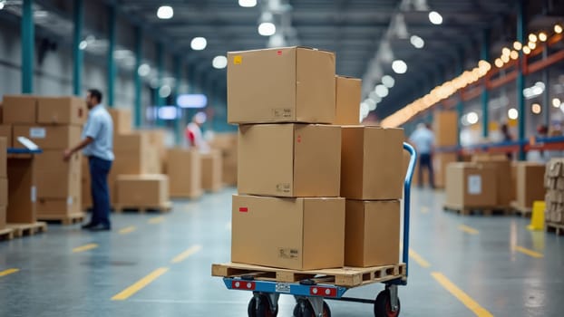 In a bustling warehouse, a worker transports boxes on a cart while organized stacks of packages line the shelves, showcasing a vibrant environment focused on efficiency and productivity.