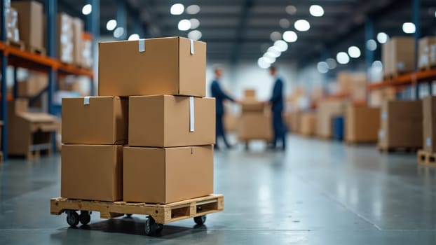 In a bustling warehouse, a worker transports boxes on a cart while organized stacks of packages line the shelves, showcasing a vibrant environment focused on efficiency and productivity.