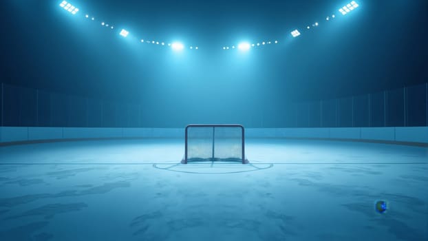 Under a captivating blue glow, a solitary hockey net stands in the middle of an empty rink, evoking anticipation for the game. The lights create a mystique, enhancing the atmosphere of excitement.