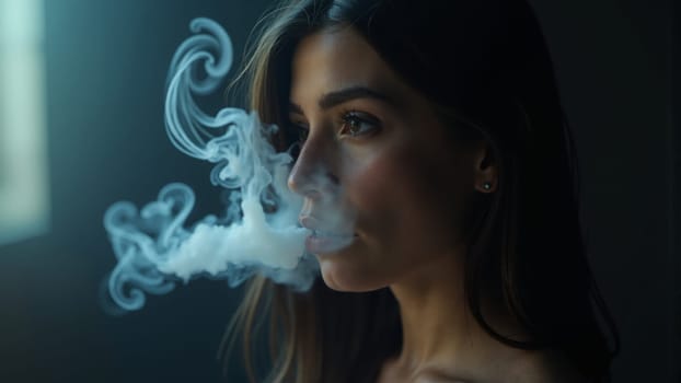 In a softly illuminated space, a woman gazes thoughtfully into the distance as she exhales a wisp of smoke. The tranquil atmosphere envelops her in a moment of reflection and serenity.