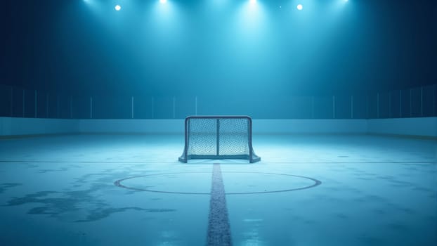 Under a captivating blue glow, a solitary hockey net stands in the middle of an empty rink, evoking anticipation for the game. The lights create a mystique, enhancing the atmosphere of excitement.