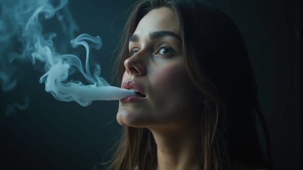 In a softly illuminated space, a woman gazes thoughtfully into the distance as she exhales a wisp of smoke. The tranquil atmosphere envelops her in a moment of reflection and serenity.