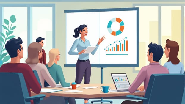 A professional woman passionately presents a graph to an attentive team in a bright conference room, illustrating business strategies and insights during an important meeting.