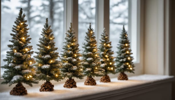 A row of decorated miniature Christmas trees adorned with warm lights sits on a snow-covered windowsill, creating a cozy winter atmosphere as snow falls outside.