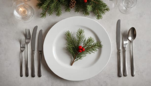 A beautifully arranged holiday table features a pristine white plate adorned with a sprig of evergreen and bright red berries, surrounded by gleaming silverware and seasonal decor.