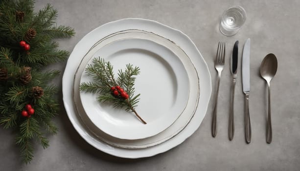 A beautifully arranged holiday table features a pristine white plate adorned with a sprig of evergreen and bright red berries, surrounded by gleaming silverware and seasonal decor.