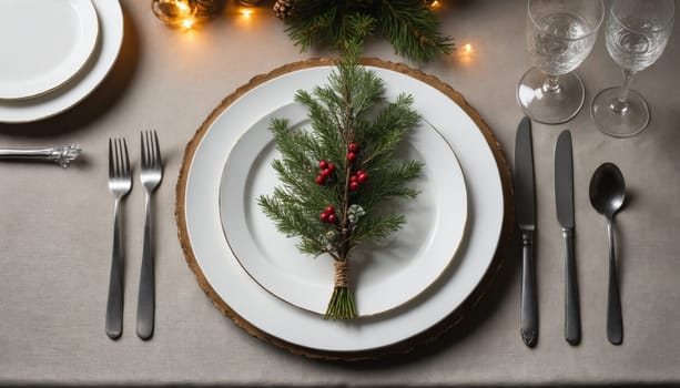The table is beautifully arranged with fine dinnerware, featuring a sprig of greenery adorned with berries as a charming centerpiece, ready for a cozy holiday meal.