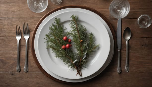The table is beautifully arranged with fine dinnerware, featuring a sprig of greenery adorned with berries as a charming centerpiece, ready for a cozy holiday meal.