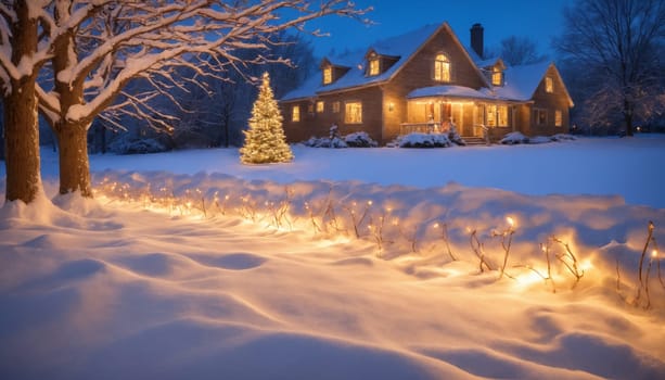Soft lights twinkle on snow-laden branches of pine trees, casting a warm glow on the pristine white ground, creating a magical winter wonderland at dusk.