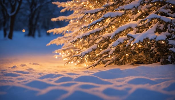 Soft lights twinkle on snow-laden branches of pine trees, casting a warm glow on the pristine white ground, creating a magical winter wonderland at dusk.