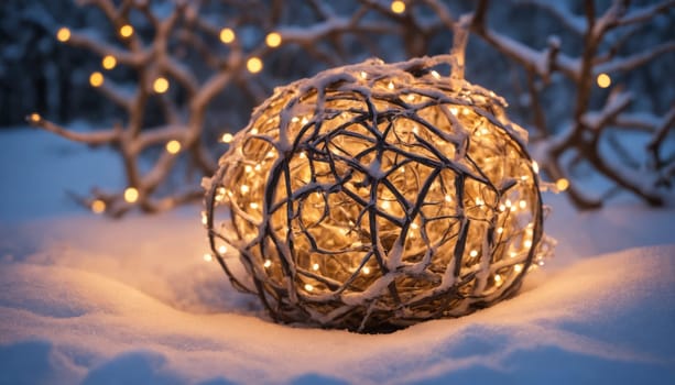 Soft lights twinkle on snow-laden branches of pine trees, casting a warm glow on the pristine white ground, creating a magical winter wonderland at dusk.