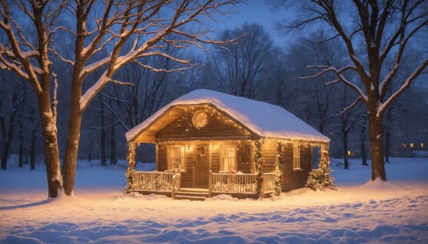 Soft snow blankets the ground as quaint cabins glow warmly under the twilight sky, creating a peaceful winter retreat. Footprints trail through the fresh snow.