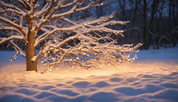 Delicate branches of a tree are adorned with twinkling lights, casting a warm glow on the soft, white snow, creating a peaceful winter atmosphere at dusk.