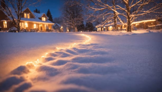 Delicate branches of a tree are adorned with twinkling lights, casting a warm glow on the soft, white snow, creating a peaceful winter atmosphere at dusk.