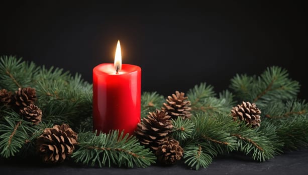A single red candle flickers softly, surrounded by fresh pine needles and charming pine cones, evoking cozy winter nights and festive celebrations.