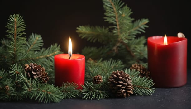 Two glowing red candles stand amidst lush pine branches and scattered pine cones, creating a serene and inviting ambiance perfect for winter festivities.