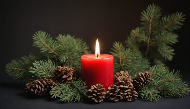 A single red candle flickers softly, surrounded by fresh pine needles and charming pine cones, evoking cozy winter nights and festive celebrations.